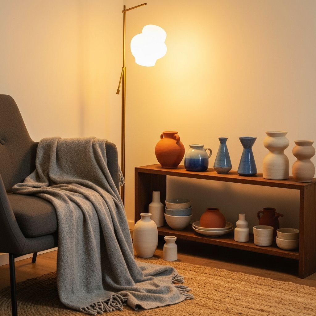 Raumecke mit Keramikteilchen, Lichtelementen und Textilien in harmonischer Komposition