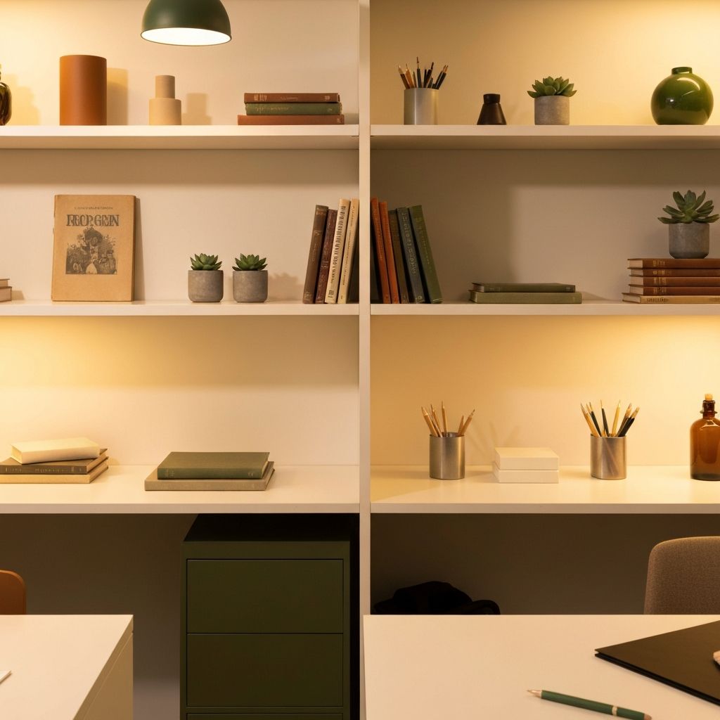 Arbeitszimmer mit kuratiertem Dekoobjekt und Pflanzen