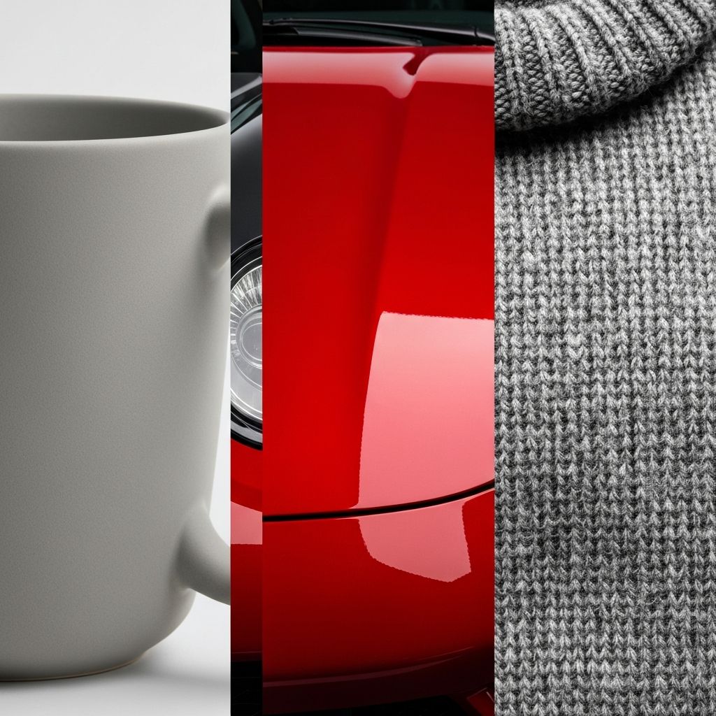 Detailansicht verschiedener Oberflächentexturen: matte Keramik, glänzend und Wollstoff