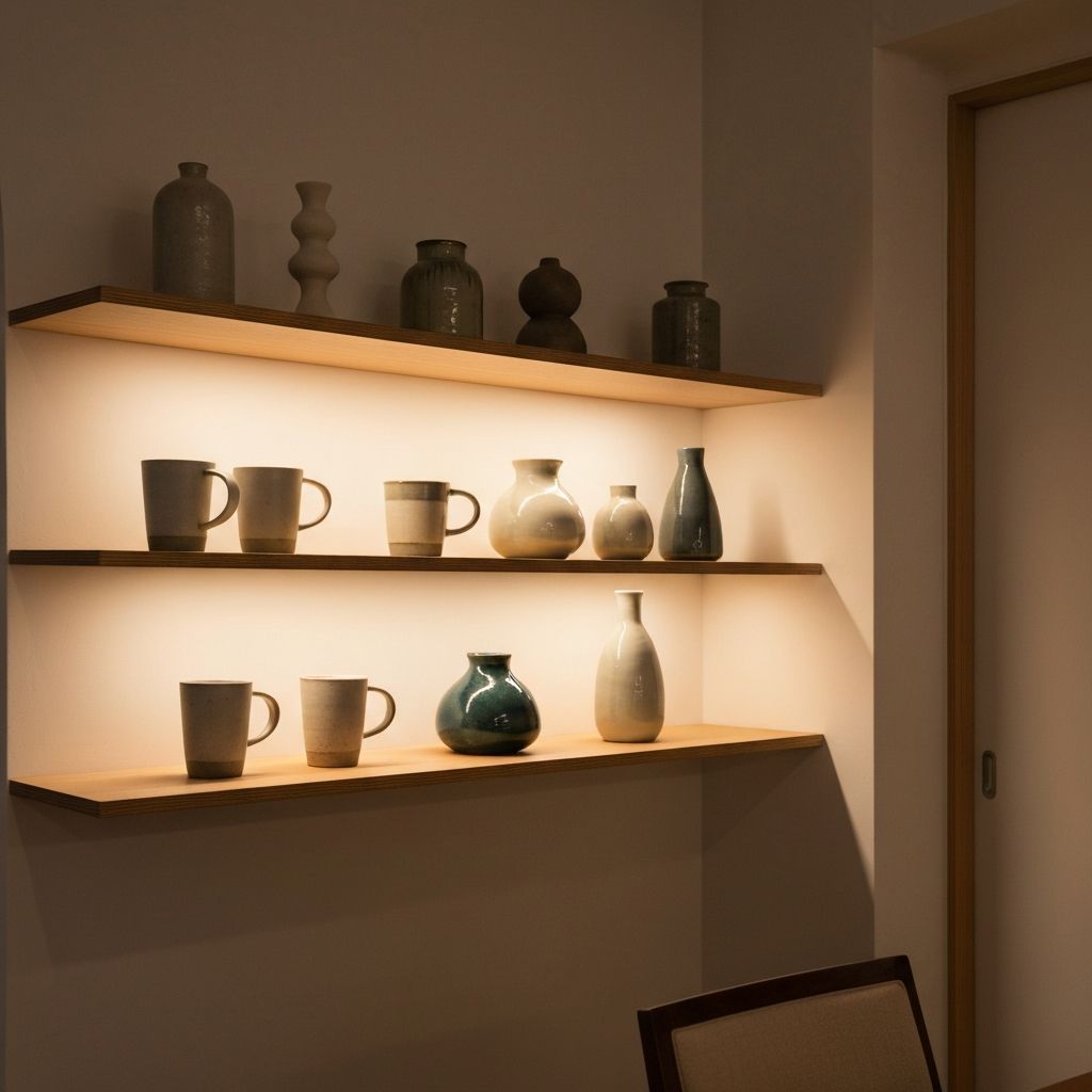 Regal mit Keramikteilchen und Lichtobjekt in harmonischer Anordnung